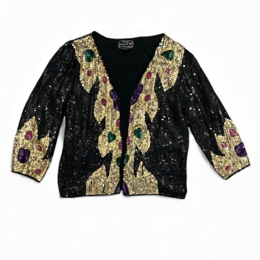 Vintage Joseph Le Bon Sequin Silk Jacket Gold Beaded Hearts Sz Small Black 80s